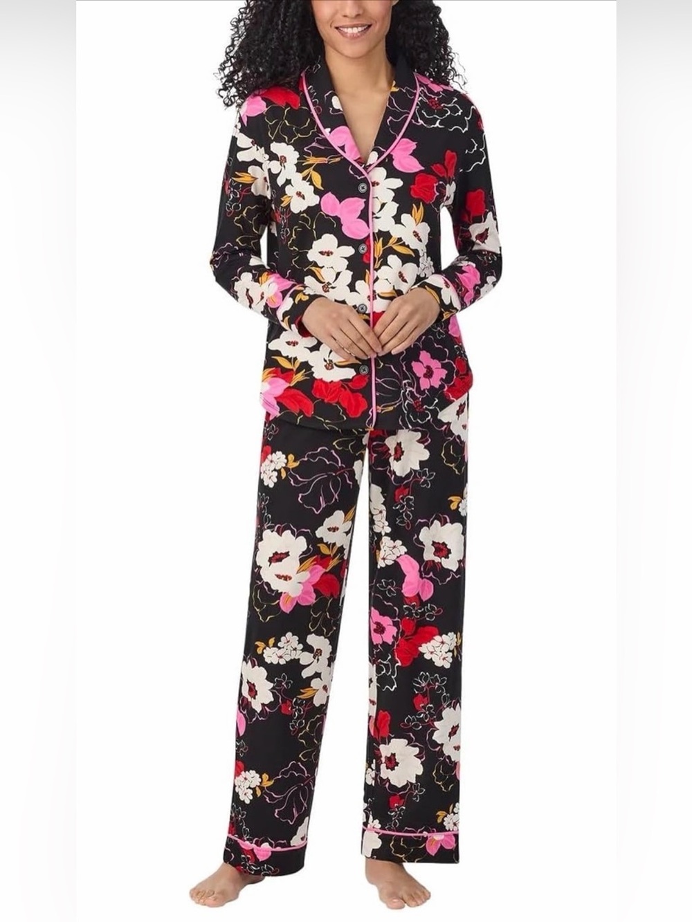 Room Service Floral Pajama Set Medium Black Pink Button Front Loungewear Chic
